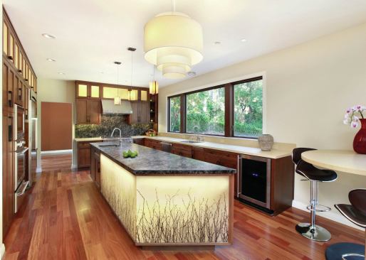 Off-the-shelf material like 3-Form resin panel embedded with birch twigs can be backlit for a striking island that provides seating, a work area, ambiance, and a memorable kitchen centerpiece.


Zen Kitchen, Hillsborough, Calif. Architect/Interior Designer: TRG Architects, Burlingame, Calif.; Builder: J.P. Lindstrom, Inc., Burlingame