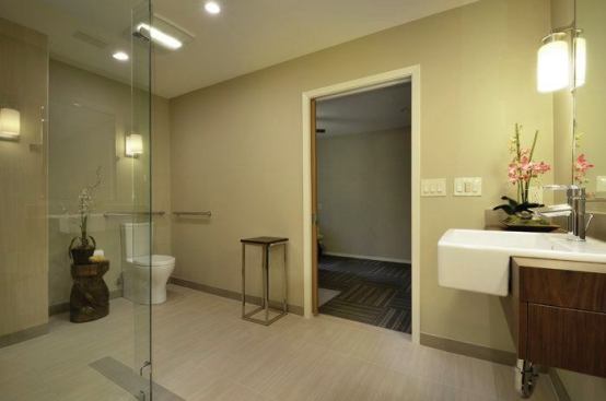 The wide doorway is suitable for a wheelchair or a walker. 