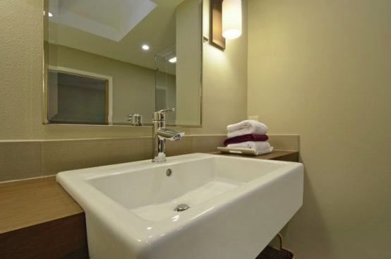 The wheelchair-accessible vanity sink includes sleek paddle handles. 