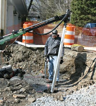 The pier can be steered around a below-grade rock by moving the driver’s boom; once the obstruction is passed, the boom pulls the shaft plumb again.