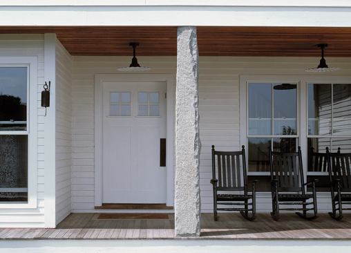 residential architect, September-October 2005  Modern Traditions  Private Residence, Alford, Mass.  Burr & McCallum Architects, Williamstown, Mass.   The granite columns on this Berkshires front porch were inspired by nearby Hancock Shaker Village. The home’s deep porches and crisp clapboard siding recall local barns and farmhouses.