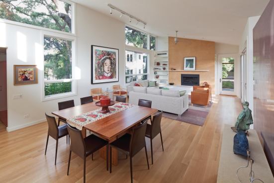 Light, airy interior spaces rely on a well-sealed and insulated envelope, energy-efficient windows, and five zones of HVAC distribution to provide balanced comfort throughout the home. Low-emitting insulation and interior finishes were selected for air quality. 