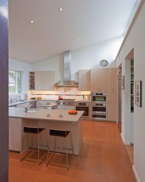 Hacienda’s efficient kitchen opens on to the dining/living areas, splashed with daylight from clerestory windows.  Water-efficient fixtures, LED lighting, and Energy Star-rated appliances top off the performance features, while cork flooring and Ceasarstone tops add to the resource efficiency of the home. 