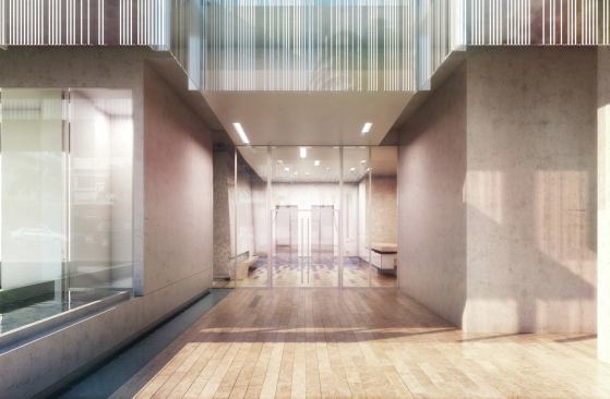 Coquina stone and blue Macauba quartzite clad the walls at the building's entrance.