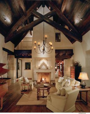 The timber-topped living room at Lahontan.