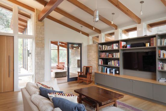 Exposed pine beams were salvaged from an abandoned house on the property.