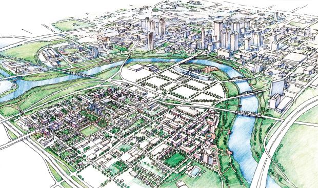 An aerial sketch of Ohio's East Franklinton neighborhood.