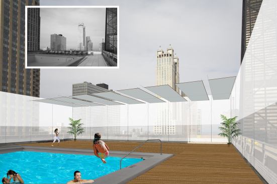 A rendering of 777 Michigan's proposed rooftop pool.