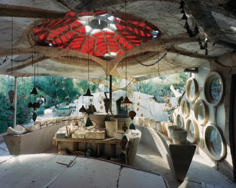 Soleri spent 1947–50 as an apprentice of Frank Lloyd Wright at both Taliesin East in Wisconsin and Taliesin West in Arizona. During that time, he met his late wife, Colly; her father was one of Soleri’s first clients. After a brief stint back in Italy, the Soleris returned to Arizona for good in 1955 and began to build the Cosanti complex. The Ceramics Studio dates to 1958. Its earth-cast concrete shell incorporates a skylight with Wrightian geometry.