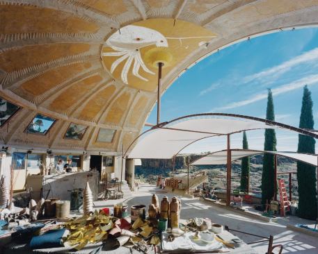 The south-facing Foundry Apse was completed in 1974. A fabric screen provides additional shade, while exhaust heat from the furnace warms adjacent living quarters on cold winter nights. Further up the hillside is a second apse for making ceramics.