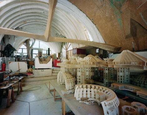 Inside the Barrel Vaults & Pumpkin Apse (1968-69) at Cosanti. A Plexiglas model of Arcosanti, built for a 1970 exhibit at the Corcoran Gallery of Art in Washington, D.C., is in the right foreground.
