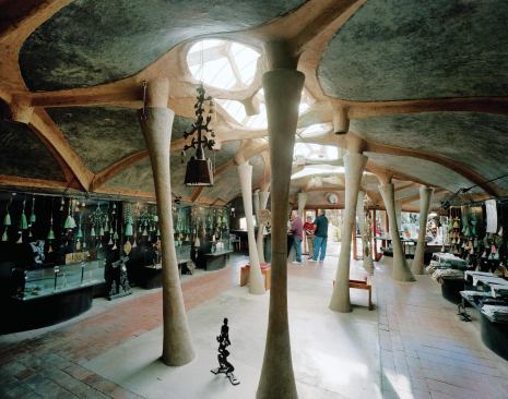 The below-grade, skylit Cosanti Gallery was constructed in 1961 by pouring concrete over a sculpted mound of earth, then excavating the soil once the concrete had hardened.