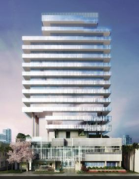 The front elevation of Glass, an 18-story residential tower in Miami Beach.
