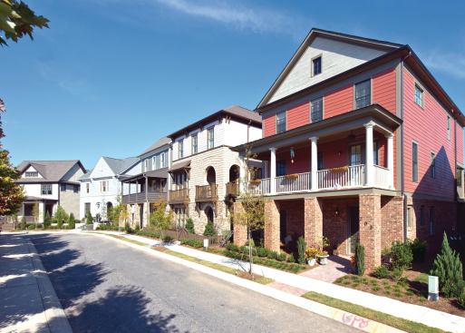 Traditional Life Wieland simplified building forms, using less stone, fewer porches, and asphalt roofing, to meet market realities in the newer neighborhoods of Woodstock Downtwn.