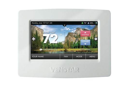 One-touch programmable “home” and “away” settings help Venstar’s ColorTouch reduce unnecessary energy consumption. Homeowners can monitor their usage remotely using the system’s proprietary mobile app. The T5900 residential model can also monitor humidity levels. venstar.com