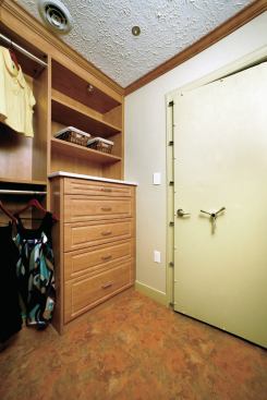 DuPont Reinforced with Kevlar, Stormroom is available with fully customizable walls measuring up to 12 feet long. The room can be finished to match any wall and allows for electricity, plumbing, and HVAC integration. The durable yet lighter-than-steel Kevlar also allows for wireless use and radio reception. The panels use structural steel connectors and attach to a concrete slab foundation with 

an epoxy anchoring system. www.stormroom.us.