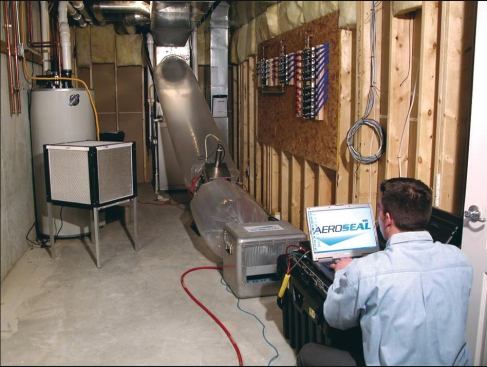 Aerosolized Duct Sealant Developed by the Lawrence Berkeley National Laboratory, vinyl acetate adhesive particles are forced into pressurized ducts, adhering to the interior of the duct surfaces to reduce air leakage by up to 90 percent.