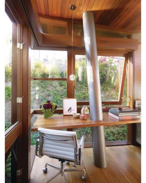Pipe Dream Canted steel columns serve as plumbing for the tree house’s powder room, outdoor shower, and sprinkler system.