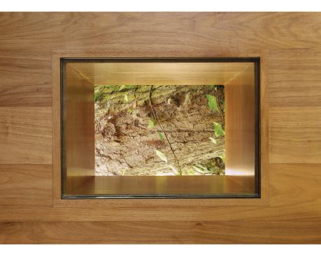 The tree house is, obviously, too hefty to be attached to an actual tree; instead, it hews close to one. A view port in the floor at the desk area underscores the point nicely. Flush with the floorboards and sturdy enough to roll a desk chair over, the window in the floor reveals the trunk of an Aleppo pine tree over which the Banyan Drive tree house hovers. 