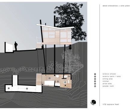 The biggest challenge in building the tree house was where it was sited: in the back corner of a steep lot where earth movers and forklifts couldn’t easily be driven in. Architect Christopher Kempel recalls that several builders simply refused to bid on the project.
