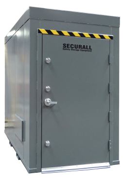 Securall These units arrive assembled 

for easy installation, requiring only a cement pad and heavy-duty bolt-down anchors. Four standard sizes fit four to 10 adults and are only 4 feet deep to maximize space in garage installations. Three deadbolts and a lockable lever style handle secure the door, while a standard view lite with a hinged cover allows for a look outside. www.securalltornadosafe.com.