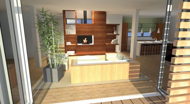 A three-story fireplace-and-cabinetry elements serves as the centerpieceof the mkHearth, the latest addition to MKD's stable of prefab home types. Its form recalls barns and farmhouses in the Midwest, where Kaufmann grew up.