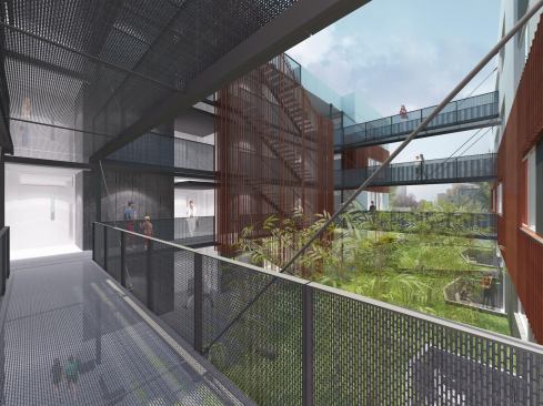 Outdoor circulation in the courtyard provides a more pleasant commute than double-loaded corridors. “The courtyard is the hearth of the place,” says Anne Fougeron, FAIA.