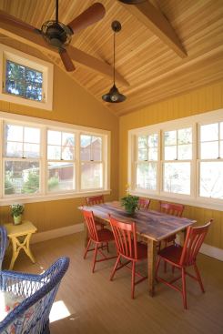 Interior finishes include locally sourced trim, walls, and ceilings; low-VOC paints; and reclaimed timbers.