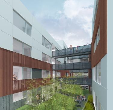 The mews-like courtyard allows extra daylight into the units, and supplies sight lines to the adjoining streets. A high-efficiency irrigation system captures and re-uses rainwater.