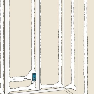 Flash of Foam: Within a 2x6, 24-inch-wide wall cavity, spray a 1-inch-thick (minimum) layer of closed-cell expanding foam along the perimeter to seal the joints. The expansion of denser closed-cell foam is easier to control than open-cell and delivers a higher R-value per inch. Cost-saving tip: Flash only the perimeter of the inside of the cavity (shown above) and let the batts handle the middle to the inside edge.