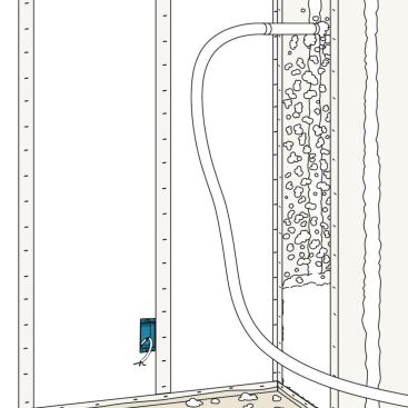 Use a BIB: Blown-in-blanket (or BIB) systems blow loose-fill fiberglass through and behind a woven fabric membrane fastened to the narrow edge of the studs to completely fill the cavity and retain the full R-value of the insulation. The loose fill works its way completely around intrusions and the uneven surface of the “flash” layer in the wall cavity, eliminating voids that batts can leave.