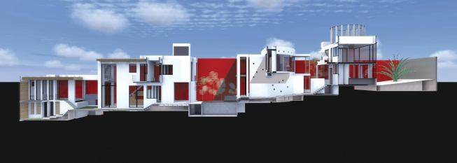 On a 20-foot-by-220-foot lot, four CASA buildings are linked by gardens, courtyards, and fountains.