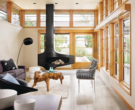 When Webber wants a hearth product that’s bold and dramatic, he chooses the Heterofocus from Focus Fireplaces. It’s custom made in France from raw steel with visible welding seams. The wood-burning product measures about 55 inches wide, functions with its door open or closed, and operates with 78.6 percent efficiency, the company says. Webber used the product in the Tarrytown House (below). Focus Fireplaces, 33 (0)4 67 55 01 93; www.focus-creation.com.