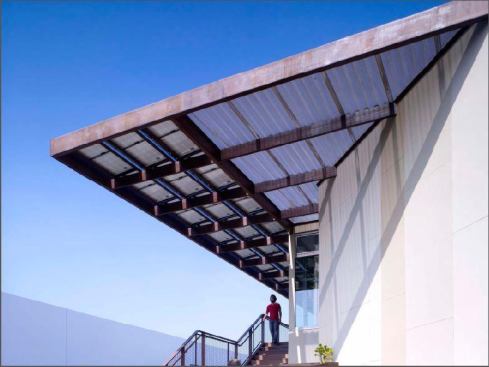 The solar array is integrated into the design of the roof overhang. At 12 kW, it’s the largest of its type currently allowable for residential use.