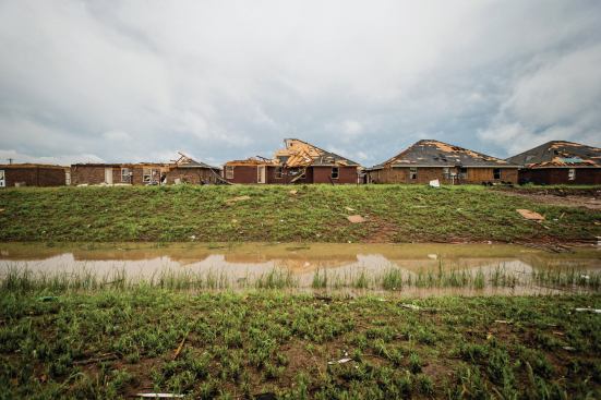 This row of homes shows how the extent of damage falls off sharply along the periphery edges of the path of an EF5 tornado. This neighbood in Moore, Okla., shows successively less damage. It is difficult for a house to survive a direct hit from a strong tornado, but it can survive a near miss.