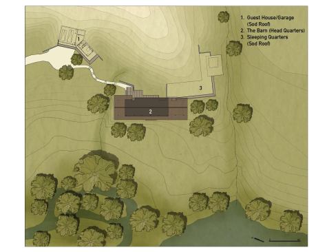 The site plan showing the main house and guesthouse/garage.

