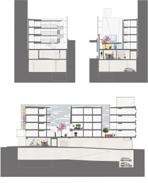 Section drawings of the project highlight its two community courtyards, which provide cross-ventilation to the units.

