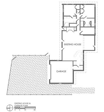 The existing floor plan showing the garage's relationship to the house.