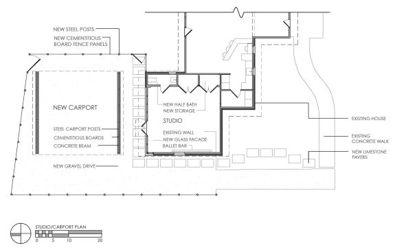Floor plan showing the renovated former garage and the new carport.