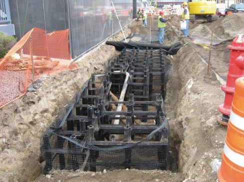 #15 DeepRoot Partners Stormwater Management System The Silva Cell modular system holds soil for tree growth and stormwater management while supporting paved surfaces. The system holds 10 cubic feet of soil per unit, protecting tree roots from compaction and providing room for stormwater infiltration and surrounding utilities. The 48-by-24-by-16-inch fiberglass and polypropylene cells have galvanized steel supports and can be stacked up to three cells high and laterally as wide as necessary before the decking is attached. 800.458.7668.
www.deeproot.com.