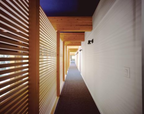 Exposed columns and laminated beams set a visual rhythm.

