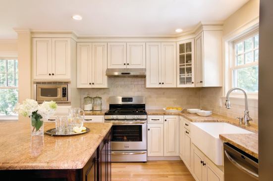 A view of the kitchen in the modular custom home in Wellesley.