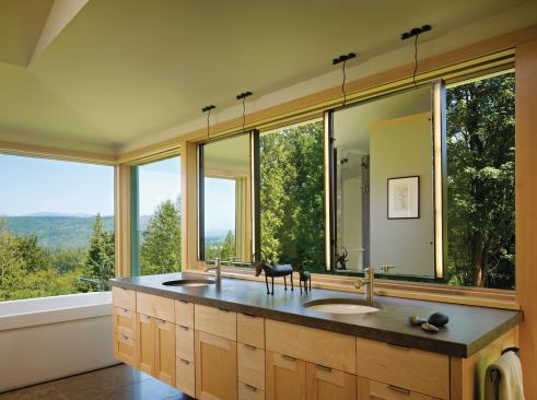 The tub and vanities look out over the scenic Snoqualmie Valley. 


