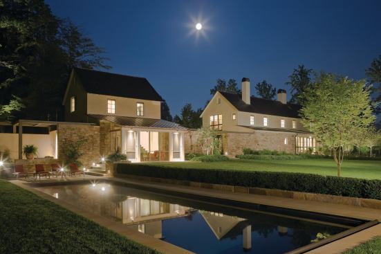 A break in the stone wall is on axis with steps to a sunken perennial gardena destination when the flowers are in bloom, but hidden from the house when its dormant. The stone spine culminates in an outdoor shower by the pool deck.

