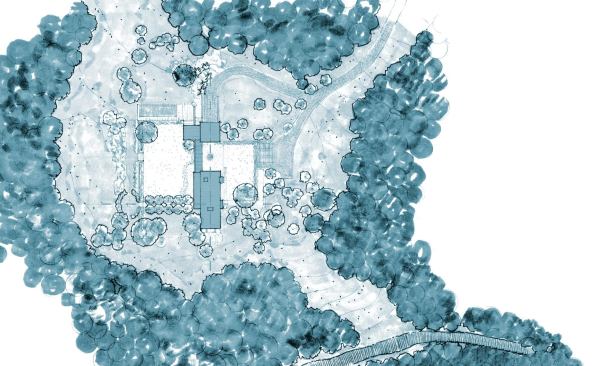 In plan, the lawns orthogonal planes respond to the architecture, breaking out of its narrow footprint. 

