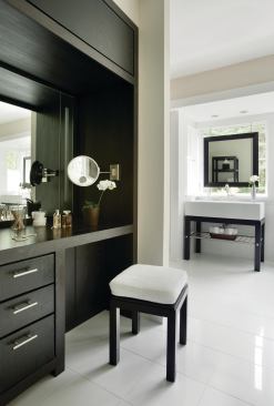 Shades of white reflect and amplify the sites always-changing natural light, and furniture-style pieces anchor minimalist fixtures.