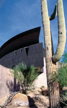 The O'Rourke residence tops its curved, stained concrete walls with sweeping forms clad in black titanium-coated zinc. Architect: Jones Studio, Phoenix