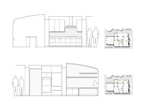 Elevation drawings show that this kitchen was designed for high function on a friendly and accessible scale. 
