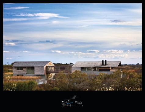 The cedar-shingled house has two volumes–one for sleeping, one for living–connected by a latticed glass bridge.