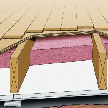Protect Against Vapor: First, eliminate the moisture load from below. Example shown uses vapor-impermeable rigid foam insulation attached to the underside of the joists, with air-sealed joints. Fiber insulation between joists is optional; if used, an air space below the subflooring should be included.